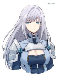 Rule 34 | 1girl, blue eyes, breasts, cleavage, cleavage cutout, closed mouth, clothing cutout, ethel (xenoblade), highres, large breasts, long hair, mochimochi (xseynao), silver hair, simple background, solo, very long hair, white background, xenoblade chronicles (series), xenoblade chronicles 3