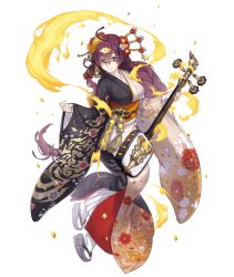 Rule 34 | 1girl, ahoge, blue eyes, braid, breasts, dorothy (sinoalice), floral print, flower, full body, glasses, hair flower, hair ornament, hairclip, instrument request, japanese clothes, ji no, kimono, large breasts, long hair, looking at viewer, messy hair, official art, over-rim eyewear, purple hair, sandals, sash, semi-rimless eyewear, sinoalice, smile, solo, transparent background, very long hair, wide sleeves