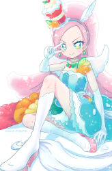 Rule 34 | + +, 1girl, blue dress, blue hairband, boots, character name, commentary, cure parfait, dated, dress, earrings, elbow gloves, english text, engrish text, food, food-themed hair ornament, forehead, foreshortening, fruit, gloves, green eyes, hair ornament, hairband, hand up, high heel boots, high heels, horse tail, jewelry, kirahoshi ciel, kirakira precure a la mode, knee boots, knee up, layered dress, leaf, lime (fruit), lime slice, long hair, magical girl, mizuki maya, multicolored clothes, multicolored dress, orange (fruit), orange slice, parfait, pearl choker, pearl earrings, pegasus wings, pineapple, pineapple slice, pink hair, pouch, precure, ranguage, signature, simple background, sitting, smug, solo, sparkle, strapless, strapless dress, swept bangs, tail, v, v-shaped eyebrows, white background, white footwear, white gloves, wing hair ornament, wings