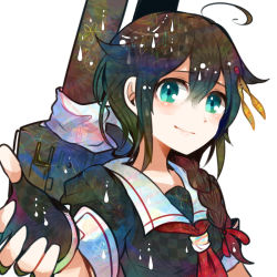 Rule 34 | 10s, 1girl, ahoge, blue eyes, bow, braid, brown hair, fingerless gloves, gloves, hair bow, hair ornament, hairclip, itomugi-kun, kantai collection, looking at viewer, outstretched arm, outstretched hand, personification, school uniform, serafuku, shigure (kancolle), single braid, solo, upper body, white background