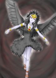 Rule 34 | armband, black hair, bracelet, dress, duel monster, emblem, fabled grimro, feathers, green eyes, high heels, jewelry, legs, necklace, ring, shoes, thighs, tiara, wings, yu-gi-oh!