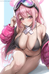 Rule 34 | 1girl, abpart, bare shoulders, bikini, blue archive, blush, breasts, cleavage, closed mouth, eimi (blue archive), eimi (swimsuit) (blue archive), highres, jacket, large breasts, long hair, long sleeves, looking at viewer, navel, off shoulder, official alternate costume, open clothes, open jacket, pink eyes, pink hair, pink jacket, solo, swimsuit, thighs