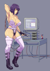 Rule 34 | 1girl, absurdres, armpits, bare shoulders, black gloves, breasts, brown eyes, can, cirenk, collarbone, computer, cyborg, drink can, fingerless gloves, floppy disk, ghost in the shell, ghost in the shell stand alone complex, gloves, grey background, highleg, highleg leotard, highres, holding, kusanagi motoko, large breasts, leotard, light smile, looking at viewer, medium hair, monitor, parted lips, purple hair, purple leotard, revealing clothes, soda can, standing, strapless, table, thighhighs, wire