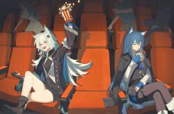 Rule 34 | 2boys, 3girls, ahoge, animal ear fluff, animal ear piercing, animal ears, arknights, arm rest, arm up, belt, black belt, black capelet, black coat, black dress, black footwear, black gloves, black jacket, black pantyhose, black vest, blue gloves, blue hair, blue necktie, blue shorts, boots, breasts, buckle, buttoned cuffs, buttons, capelet, chinese commentary, chromatic aberration, closed eyes, coat, collared shirt, commentary request, crossed legs, cup, disposable cup, dress, dress shirt, drink, drinking, drinking straw, drop shadow, expressionless, eyelashes, facing ahead, fangs, feet out of frame, fingerless gloves, fold-over boots, food, foot out of frame, fur-trimmed coat, fur-trimmed sleeves, fur trim, gloves, hair between eyes, hair flowing over, hair intakes, hair ornament, hairclip, hand on own leg, hand up, happy, high collar, highres, holding, holding cup, holding drink, holding food, jacket, jacket on shoulders, jewelry, knees, lapels, lappland (arknights), lappland (refined horrormare) (arknights), legs, long hair, long sleeves, medium breasts, messy hair, mikann (clm mikan), movie theater, multiple boys, multiple girls, necklace, necktie, notched lapels, official alternate costume, on chair, open clothes, open coat, open jacket, open mouth, pantyhose, people, popcorn, running, scar, scar across eye, scar on face, shadow, shirt, short dress, short shorts, short sleeves, shorts, sitting, skull necklace, smile, snap-fit buckle, teeth, texas (arknights), texas the omertosa (arknights), thigh strap, thighs, torn capelet, torn clothes, torn coat, torn necktie, torn sleeves, two-sided capelet, two-sided fabric, v-shaped eyebrows, very long hair, vest, white footwear, white shirt, white vest, wide sleeves, wing collar, wolf ears, wolf girl