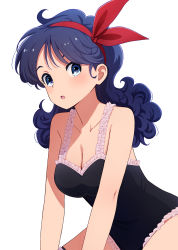 Rule 34 | 1girl, :o, blue eyes, blue hair, breasts, casual one-piece swimsuit, cleavage, curly hair, dragon ball, frilled swimsuit, frills, hair ribbon, highres, lunch (dragon ball), lunch (good) (dragon ball), matching hair/eyes, one-piece swimsuit, ribbon, simple background, solo, swimsuit, upper body, yahiro (epicopeiidae)