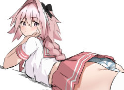 Rule 34 | 1boy, ass, astolfo (fate), astolfo (sailor paladin) (fate), bad id, bad pixiv id, black bow, blush, bow, crossdressing, fate/apocrypha, fate/grand order, fate (series), foolfool 45, hair intakes, long hair, looking back, lying, male focus, multicolored hair, official alternate costume, on stomach, panties, pink hair, pink skirt, pleated skirt, purple eyes, school uniform, serafuku, skirt, solo, streaked hair, striped clothes, striped panties, trap, underwear