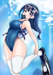Rule 34 | 1girl, black eyes, black hair, blue one-piece swimsuit, breasts, commentary request, commission, competition swimsuit, diving regulator, feet out of frame, flippers, goggles, goggles on head, highres, long hair, looking at viewer, low-tied long hair, medium breasts, nobita (nbnobita), one-piece swimsuit, original, pixiv commission, solo, swimsuit, thighhighs, underwater, white thighhighs