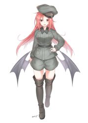 Rule 34 | 1girl, boots, demon wings, eiri (eirri), hand on own hip, hat, long hair, long sleeves, military, military uniform, open mouth, original, red eyes, red hair, shorts, signature, solo, thigh boots, thighhighs, uniform, wings, zettai ryouiki