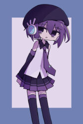 Rule 34 | 1girl, bare shoulders, beret, blue border, border, character name, collared shirt, commentary, copyright name, detached sleeves, feet out of frame, hair between eyes, hat, headset, kanikan, long sleeves, looking at viewer, miniskirt, necktie, open mouth, outside border, pleated skirt, purple eyes, purple hair, purple hat, purple necktie, purple skirt, purple sleeves, purple thighhighs, shirt, short hair, simple background, skirt, sleeveless, sleeveless shirt, solo, standing, thighhighs, tie clip, utane uta, utau, white background, white shirt, zettai ryouiki