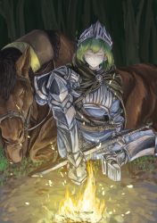 Rule 34 | 1girl, absurdres, armor, campfire, cape, closed eyes, female focus, female knight, helmet, highres, horse, knight, nature, original, outdoors, sitting, sleeping, solo, sword, tark (318), weapon