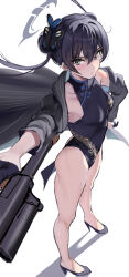 Rule 34 | 1girl, absurdres, bare shoulders, black dress, black gloves, black hair, blue archive, butterfly hair ornament, china dress, chinese clothes, coat, covered navel, dress, gloves, grey eyes, gun, hair bun, hair ornament, halo, hand on own hip, highres, holding, holding gun, holding weapon, kisaki (blue archive), kneepits, knees, outstretched arm, pelvic curtain, stone (ksorede), taut clothes, taut dress, trench coat, twintails, weapon