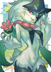 Rule 34 | 1girl, animal hands, animal nose, blush, body fur, breasts, breasts apart, cat girl, claws, covered erect nipples, cowboy shot, creatures (company), female focus, floating, floating object, furry, furry female, game freak, green fur, green hair, half-closed eyes, hand up, happy, highres, huaimeng, large breasts, light blush, mask, meowscarada, nintendo, open mouth, pawpads, pokemon, pokemon (creature), pussy, red eyes, short hair, solo, standing, third-party edit, underboob