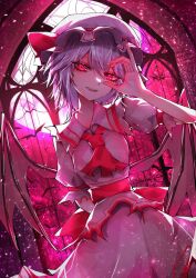 Rule 34 | 1girl, 33 gaff, ascot, bat (animal), bat wings, commentary, dress, hat, hat ribbon, light particles, looking at viewer, mob cap, open mouth, pink dress, red ascot, red eyes, red ribbon, ribbon, short sleeves, solo, touhou, wings