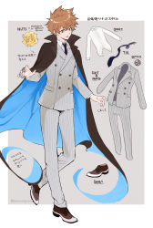 Rule 34 | 1boy, aged up, alternate costume, black cape, black necktie, brown footwear, brown hair, buttons, cape, cezaria, character sheet, collared shirt, double-breasted, formal, full body, grey background, grey jacket, grey pants, grey suit, hair between eyes, highres, jacket, jewelry, katekyo hitman reborn!, looking at viewer, male focus, natsu (katekyo hitman reborn!), necktie, open mouth, orange eyes, outside border, oxfords, pants, pinstripe pattern, pinstripe suit, ring, sawada tsunayoshi, shirt, short hair, solo, spiked hair, striped, suit, two-sided fabric, white shirt