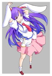 Rule 34 | 1girl, animal ears, arms up, breasts, female focus, gun, handgun, highres, ishimu, large breasts, legacy of lunatic kingdom, long hair, lunatic gun, necktie, open mouth, pink eyes, puffy short sleeves, puffy sleeves, purple hair, rabbit ears, red necktie, reisen udongein inaba, shirt, short sleeves, skirt, smile, solo, touhou, very long hair, weapon