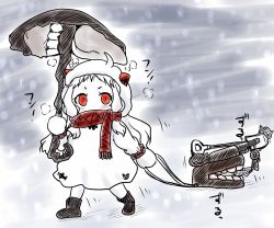 Rule 34 | 10s, 1girl, abyssal ship, ahoge, boots, coat, colored skin, commentary request, dress, holding, horns, kantai collection, long hair, mittens, northern ocean princess, nozarashi satoru, pale skin, red eyes, scarf, snow, snowing, umbrella, white dress, white hair, white skin