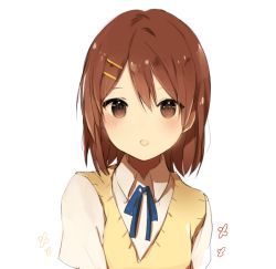 Rule 34 | 1girl, :o, bad id, bad twitter id, blush, brown eyes, brown hair, collared shirt, hair ornament, hairclip, hirasawa yui, k-on!, looking at viewer, lpip, open mouth, school uniform, shirt, short hair, short sleeves, simple background, solo, upper body, white background