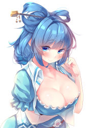 Rule 34 | 1girl, absurdres, blue eyes, blue hair, blush, breast hold, breasts, cleavage, closed mouth, dress, hair ornament, hair rings, hair stick, highres, kaku seiga, kanzakietc, large breasts, light smile, looking at viewer, medium hair, one-hour drawing challenge, puffy short sleeves, puffy sleeves, shawl, short sleeves, simple background, solo, touhou, white background
