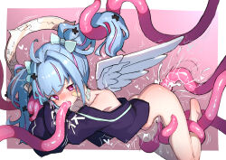 Rule 34 | 1girl, absurdres, fukutchi, hair ornament, heart, heart-shaped pupils, highres, oral, purple eyes, restrained, symbol-shaped pupils, tentacle sex, tentacles, virtual youtuber, wings, x hair ornament