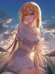 Rule 34 | 1girl, absurdres, blonde hair, blue eyes, blue sky, blurry, blurry foreground, blush, breasts, cleavage, cloud, collarbone, commentary, dress, feet out of frame, grass, hair between eyes, highres, jewelry, long hair, looking at viewer, myowa, necklace, original, outdoors, parted lips, puffy short sleeves, puffy sleeves, short sleeves, sitting, sky, small breasts, solo, star (sky), sunlight, very long hair, wariza, water, white dress