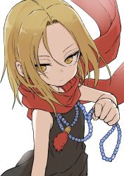 Rule 34 | 1girl, absurdres, black dress, blonde hair, closed mouth, commentary request, dress, forehead, hair between eyes, highres, jewelry, kyouyama anna, looking at viewer, necklace, red scarf, scarf, shaman king, short hair, simple background, sleeveless, sleeveless dress, solo, white background, yamamoto souichirou, yellow eyes
