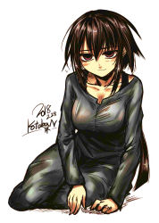 Rule 34 | 1girl, black hair, blind, blush, breasts, brown hair, cleavage, closed mouth, commentary request, dated, dress, facing viewer, full body, grey dress, hair between eyes, jewelry, kotoba noriaki, large breasts, long hair, long sleeves, original, ring, signature, simple background, sitting, smile, solo, wedding band, white background