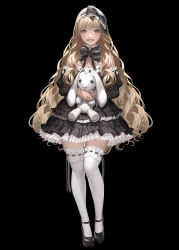 Rule 34 | 1girl, absurdres, black background, black bow, black dress, black footwear, black ribbon, blonde hair, blue eyes, bow, daeho cha, dress, full body, hair bow, hair ribbon, highres, holding, holding stuffed toy, lace, lace-trimmed bow, lace-trimmed legwear, lace-trimmed ribbon, lace trim, layered dress, lolita fashion, long hair, long sleeves, looking at viewer, original, ribbon, shoes, simple background, smile, solo, standing, strapless, strapless dress, stuffed animal, stuffed rabbit, stuffed toy, teeth, thighhighs, very long hair, white thighhighs, zettai ryouiki