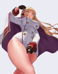 Rule 34 | 1girl, black gloves, blonde hair, blunt bangs, bottomless, breasts, cape, covered erect nipples, covered navel, covering privates, covering crotch, dress, dress tug, from below, gloves, grey eyes, hair ribbon, highres, hsh thx, jacket, jacket on shoulders, large breasts, last origin, leona (last origin), leona of blood &amp; iron, long hair, long sleeves, looking at viewer, looking down, military, military jacket, military uniform, no panties, no pants, purple jacket, ribbon, short dress, simple background, solo, thick thighs, thighs, tress ribbon, uniform, very long hair, white background, white dress, white jacket, worried