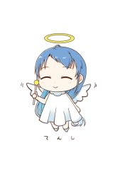 Rule 34 | 1girl, alternate costume, angel, angel wings, blue hair, closed eyes, dress, halo, kantai collection, long hair, mae (maesanpicture), negative space, samidare (kancolle), simple background, smile, solo, swept bangs, very long hair, wand, white background, white dress, wings