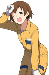 Rule 34 | 10s, 1girl, accio, bad id, bad pixiv id, black eyes, brown hair, freckles, girls und panzer, hand on own thigh, highres, jumpsuit, mechanic, orange jumpsuit, shading eyes, short hair, simple background, solo, sweat, tsuchiya (girls und panzer), white background