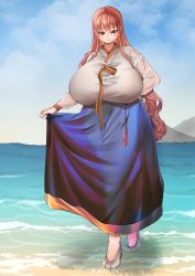 Rule 34 | 1girl, absurdres, breasts, brown hair, clothes lift, commission, hair behind ear, hanbok, hand on own hip, highres, huge breasts, impossible clothes, korean clothes, long hair, looking at viewer, minimin717, mountainous horizon, ocean, original, red eyes, skirt, skirt lift, smile, solo