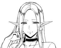 Rule 34 | 1girl, choker, closed mouth, earrings, elf, greyscale, half-closed eyes, hand up, jewelry, lena (usagi nagomu), long hair, looking at viewer, monochrome, original, pointy ears, portrait, simple background, solo, usagi nagomu, white background