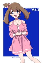 Rule 34 | 1girl, :d, alternate costume, bare shoulders, blue background, border, brown hair, character name, collarbone, commentary request, creatures (company), dress, eyelashes, game freak, grey eyes, happy, jewelry, knees, looking at viewer, may (pokemon), nail polish, nashirasauce, necklace, nintendo, one side up, open mouth, pink dress, pokemon, pokemon rse, smile, solo, teeth, tongue, twitter username, upper teeth only, white border