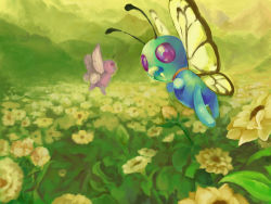 Rule 34 | alternate color, alternate shiny pokemon, blue skin, bug, butterfly, butterfree, collar, colored skin, creatures (company), fangs, floral background, flower, flying, game freak, gen 1 pokemon, geregere (lantern), green background, green theme, highres, bug, looking at viewer, nintendo, no humans, pink skin, pokemon, pokemon (anime), pokemon (classic anime), pokemon (creature), pokemon ep021