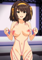 Rule 34 | 1girl, :d, areola slip, bare shoulders, blurry, blurry background, blush, breasts, breasts apart, brown eyes, brown hair, cameltoe, collarbone, cowboy shot, depth of field, gluteal fold, hair ornament, hairband, haruhisky, highres, indoors, looking at viewer, medium breasts, navel, nude, open mouth, orange hairband, orange ribbon, revealing clothes, ribbon, round teeth, smile, solo, stage, stomach, suzumiya haruhi, suzumiya haruhi no yuuutsu, teeth, upper teeth only