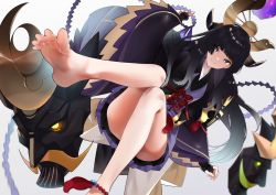 Rule 34 | 1girl, anklet, barefoot, black gloves, black hair, commentary request, dress, feet, fingerless gloves, floating, floating object, foot focus, gloves, hair ornament, japanese clothes, jewelry, long hair, looking at viewer, mask, menreiki, onmyoji, purple dress, simple background, sino42, solo, straight hair, white background, wide sleeves