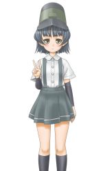 Rule 34 | 10s, 1girl, arare (kancolle), arm warmers, black socks, blush, collared shirt, grey hair, grey skirt, hat, highres, kantai collection, kneehighs, looking at viewer, pleated skirt, school uniform, shirt, short hair, simple background, skirt, smile, socks, solo, standing, suspenders, t2r, v, white background