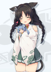 Rule 34 | 1girl, :3, :d, ^ ^, anchor hair ornament, animal ear fluff, animal ears, asashio (azur lane), azur lane, bare shoulders, bell, black hair, blush, braid, breasts, cat ears, cat girl, cat tail, character doll, choker, closed eyes, commentary request, crown braid, detached sleeves, doll, green skirt, hair ornament, heart, highres, holding, holding doll, japanese clothes, jingle bell, kimono, long hair, long sleeves, low twintails, medium breasts, neck bell, nekono rin, ooshio (azur lane), open mouth, parted bangs, pleated skirt, red choker, revision, skindentation, skirt, sleeveless, sleeveless kimono, sleeves past wrists, smile, solo, tail, thighhighs, twin braids, twintails, very long hair, white kimono, white sleeves, white thighhighs, wide sleeves
