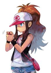 Rule 34 | 1girl, bag, bare shoulders, baseball cap, black vest, blue eyes, blue shorts, brown hair, closed mouth, creatures (company), female focus, flat chest, game freak, hands up, hat, hilda (pokemon), holding, holding poke ball, hungry clicker, jpeg artifacts, long hair, nintendo, own hands together, pink hat, poke ball, poke ball (basic), poke ball symbol, poke ball theme, pokemon, pokemon bw, shirt, short shorts, shorts, simple background, sleeveless, sleeveless shirt, solo, standing, vest, white background, white shirt