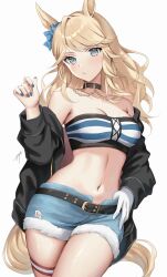 Rule 34 | 1girl, animal ears, bandeau, bare shoulders, belt, black belt, black choker, black jacket, blonde hair, blue eyes, blue nails, chain, choker, commentary request, cowboy shot, cutoffs, denim, denim shorts, gloves, gold city (umamusume), head tilt, highres, horse ears, jacket, long hair, long sleeves, looking at viewer, nail polish, off shoulder, open clothes, open jacket, oshage (osyage921), red nails, short shorts, shorts, simple background, solo, standing, strapless, striped bandeau, tail, thigh strap, thighs, tube top, umamusume, very long hair, white background, white gloves