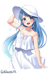 Rule 34 | 1girl, :d, arm up, artist name, bare shoulders, blue eyes, blue hair, breasts, collarbone, dress, ebifurya, hand on headwear, hat, highres, kantai collection, long hair, looking at viewer, one-hour drawing challenge, open mouth, samidare (kancolle), sidelocks, simple background, small breasts, smile, solo, strap slip, sun hat, sundress, twitter username, very long hair, white background, white hat
