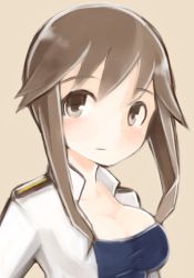 Rule 34 | 1girl, bad id, bad pixiv id, breasts, brown eyes, brown hair, cleavage, long hair, military, military uniform, ninomae01, sidelocks, solo, strike witches, strike witches: kurenai no majo-tachi, takei junko, uniform, upper body, world witches series