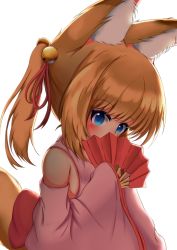 Rule 34 | 1girl, animal ear fluff, animal ears, backlighting, bad id, bad pixiv id, bare shoulders, bell, blonde hair, blue eyes, blush, bow, commentary request, covered mouth, detached sleeves, folding fan, fox ears, fox girl, fox tail, hair bell, hair ornament, hair ribbon, hand fan, highres, holding, holding fan, jingle bell, kemomimi oukoku kokuei housou, long hair, long sleeves, mikoko (kemomimi oukoku kokuei housou), peru (perushee), red bow, red ribbon, ribbon, sidelocks, simple background, sleeves past fingers, sleeves past wrists, solo, tail, twintails, virtual youtuber, white background, wide sleeves