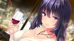 Rule 34 | 1girl, :&gt;, alcohol, blurry, blurry background, blush, breasts, closed mouth, cup, drinking glass, eyebrows hidden by hair, female focus, game cg, hair between eyes, holding, holding cup, indoors, jewelry, large breasts, long hair, looking at viewer, necklace, nonomiya rinka, original, purple eyes, purple hair, shiokonbu, sister lesson, smile, solo, upper body, window, wine