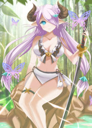 Rule 34 | 10s, 1girl, alternate costume, aqua eyes, arm support, bad id, bad pixiv id, bikini, braid, breasts, cleavage, double bun, draph, forest, front-tie top, granblue fantasy, hair bun, hair over one eye, highres, horns, katana, large breasts, light purple hair, long hair, looking at viewer, marionette (excle), midriff, narmaya (granblue fantasy), narmaya (summer) (granblue fantasy), nature, navel, rock, sitting, sitting on rock, smile, solo, stomach, swimsuit, sword, twin braids, twintails, water, weapon, white bikini