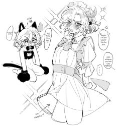 Rule 34 | 2boys, alhaitham (genshin impact), angry, animal ears, animal hands, apron, bow, bowtie, cat ears, cat tail, chibi, crop top, crossdressing, crying, embarrassed, english text, fake animal ears, fake tail, feather hair ornament, feathers, genshin impact, gloves, greyscale, hair ornament, highres, kaveh (genshin impact), maid, maid apron, maid headdress, monochrome, multiple boys, open mouth, paw gloves, rrannawayy, short sleeves, speech bubble, tail, yaoi