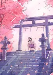 Rule 34 | 1girl, absurdres, architecture, bird, black hair, cherry blossoms, chicken, east asian architecture, fox mask, highres, japanese clothes, mask, original, outdoors, petals, pink sky, scenery, sky, stairs, tree, yasi irasuto