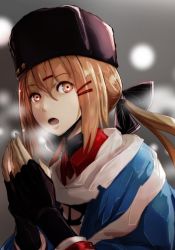 Rule 34 | 1girl, anchor, black bow, boushi-ya, bow, brown hair, cold, fur hat, hair between eyes, hair ornament, hairclip, hat, jacket, kantai collection, long hair, low twintails, open mouth, papakha, red eyes, red shirt, scarf, shirt, solo, star (symbol), tashkent (kancolle), torn clothes, torn scarf, twintails, white jacket, white scarf