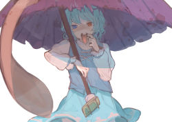 Rule 34 | 1girl, absurdres, blue eyes, blue hair, blue skirt, blue vest, finger in own mouth, geta, half-closed eyes, hands up, heterochromia, highres, holding, holding umbrella, juliet sleeves, karakasa obake, long sleeves, long tongue, looking at viewer, mouth pull, popped collar, puffy sleeves, red eyes, shirt, short hair, simple background, skirt, solo, tatara kogasa, teeth, tongue, tongue out, touhou, umbrella, upper teeth only, vest, wavy hair, white background, white legwear, white shirt, yamazaki tsukune