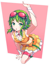 Rule 34 | 1girl, :o, akiyoshi (tama-pete), arm up, belt, brooch, climbing, commentary, cropped jacket, detached collar, goggles, goggles on head, green eyes, green hair, gumi, headphones, headset, jacket, jewelry, layered skirt, looking at viewer, miniskirt, open mouth, orange jacket, orange skirt, red goggles, skirt, sleeveless, sleeveless jacket, solo, thigh strap, vocaloid, wrist cuffs, yellow skirt